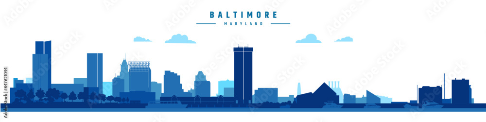 Baltimore city silhouette vector illustration on white background, Maryland, USA	