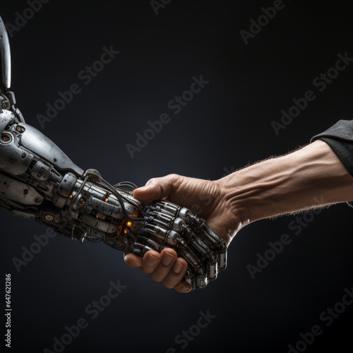 Fotografia de apreton de manos entre un humano y un robot humanoide con mano metalica como simbolo de amistad o colaboración