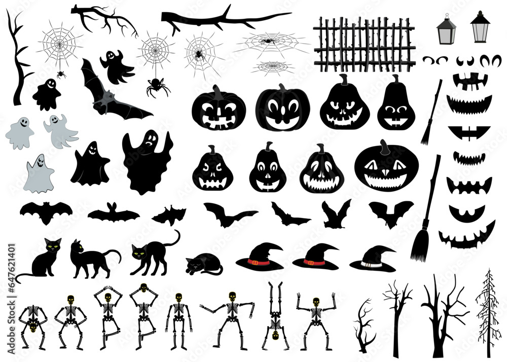 Naklejka premium Big set of Halloween silhouettes, characters and elements. Vector illustration.
