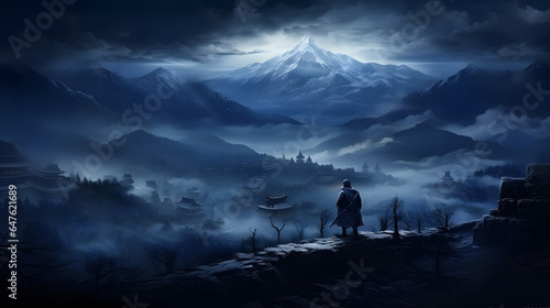 Wallpaper dark blue, japan, samurai, mountains in the background