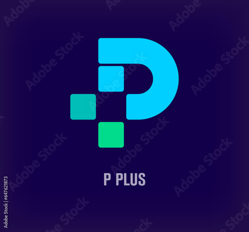 Plus sign and letter p plus combination idea logo. Unique color transitions. Health and medical service design template. vector.