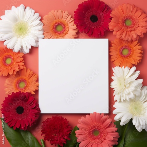 Blank square white card on a background of orange, red and white flowers Generative AI