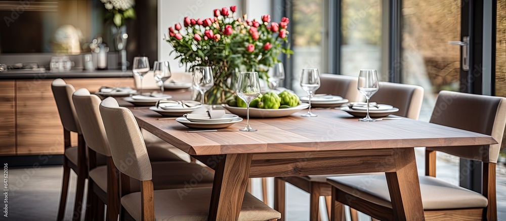 A modern home with an elegant table setting has a wooden dining table and comfy chairs