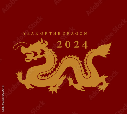 Simple cut out of golden dragon greeting card celebrate Chinese New year 2024. poster banner elegance invitation.