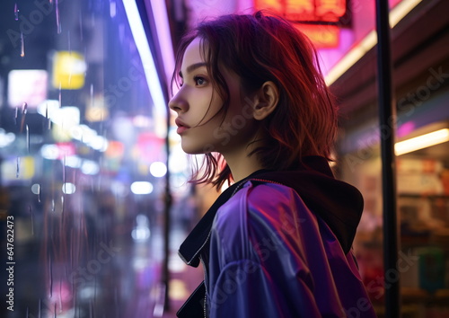 Young Girl with Neon Cityscape and Rain, Rainy Night in a Purple-Blue City, AI Generated © atdigit