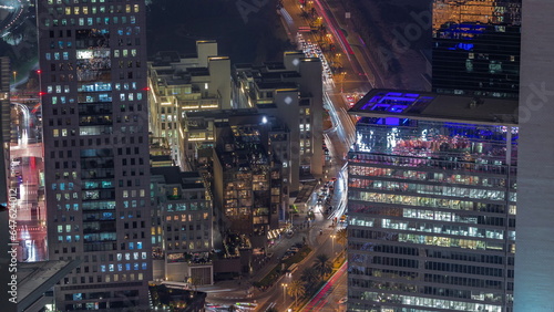 Office skyscrapers in financial district aerial day to night timelapse