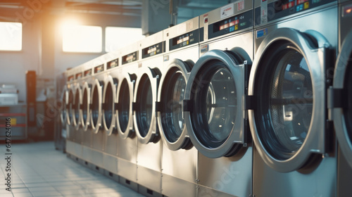 Laundry Efficiency: A Lineup of Industrial Washing Machines in a Public Laundromat, Where the Perfect Blend of Hot and Cold Water Keeps Clothes Clean and Fashion-Forward.