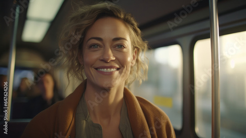 Morning Glow in Transit: A Cheerful Middle-Aged Caucasian Woman Journeys by Tram, Sharing Smiles Amidst City Commuters, Captured in the Camera's Embrace.