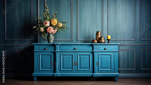 Blue retro wood cabinet near wainscoting wall. Vintage classic home interior design of living room with antique furniture.