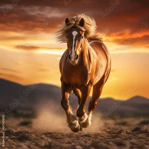 Fotografia de esbelto caballo de tonos marrones al galope, en medio de paisaje al atardecer