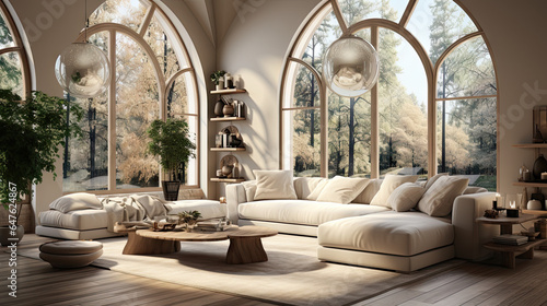 Mid-Century Modern Living Room with Beige Sofa and Arched Windows © Fatih