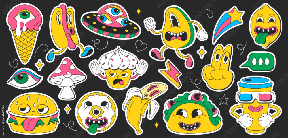 Psychedelic cartoon groovy sticker set with retro surreal elements ...