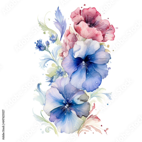 Lilac and Blue pansie Flowers watercolor floral soft pastels