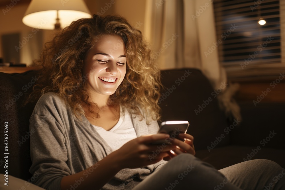 A beautiful young woman happily using a mobile phone in the living room with warm light. AI generate
