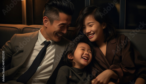 A happy modern Asian family in a modern house couch. close-up. 