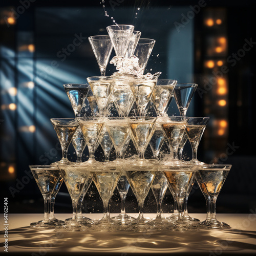 Fotografia de piramide compuesta por copas de cristal con champan y estetica de fiesta photo