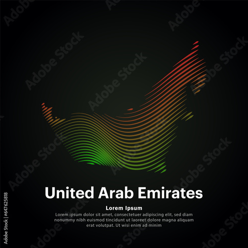 Map of United Arab Emirates Illustration in a linear style. Abstract line art United Arab Emirates map Logotype concept icon. Vector logo UAE map color silhouette on a dark background. EPS 10