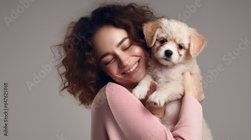 A Radiant Young Woman with Curly Tresses Lovingly Embraces Her Adorable Puppy, Symbolizing Pet Owner Devotion, Set Against a Soft Grey Backdrop.