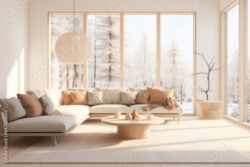 Modern and stylish Scandinavian attic room interior. Attic with furniture and decoration. 