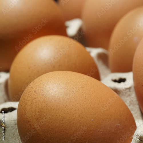 Selective focus Chicken Eggs put in tray with light flare. For healthy concept, medical concept. Nutrition and diet idea concept. Health benefits of eggs. photo