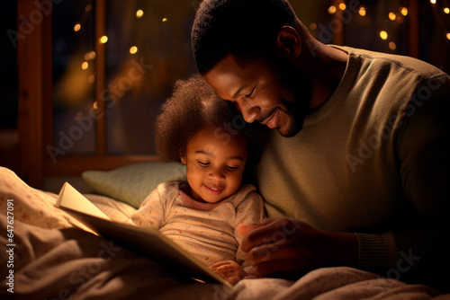 a father reading a bedtime story to their baby. AI generative. photo