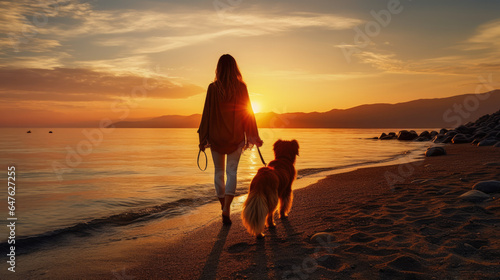 Stylish woman with her dog walking on the beach at sunset. A European woman spends time with her pet against the backdrop of the sea and the setting sun.