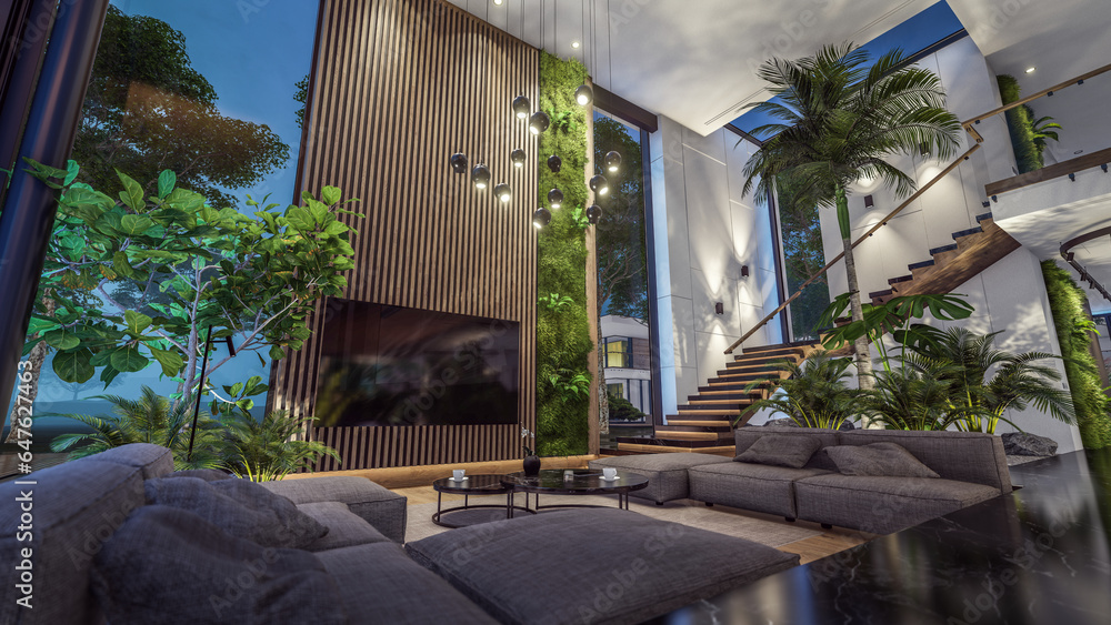 3d rendering of expensive cozy interior with green walls with living dining zone stair and kitchen for sale or rent. Warm interior lighting combined with cold light from night street 3d rendering of expensive cozy interior with green walls with living dining zone stair and kitchen for sale or rent. Warm interior lighting combined with cold light from night street