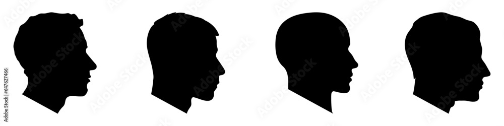 Human head icons set. Profile silhouettes of male heads. Black sign of head