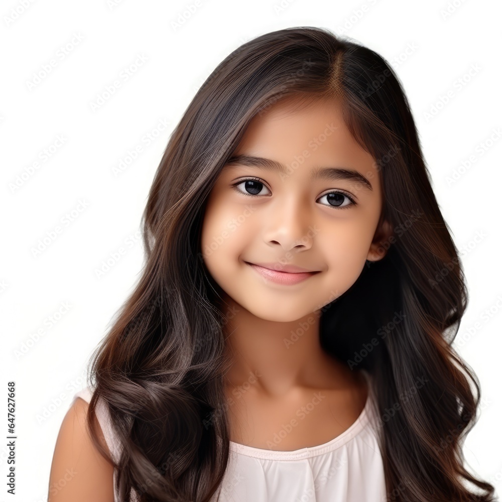 A closeup photo portrait of a beautiful young asian indian model teen girl looking forward. Isolated on white background. AI generated. A closeup photo portrait of a beautiful young asian indian model teen girl looking forward. Isolated on white background. AI generated.