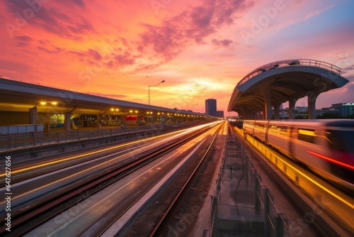 A sunset over an MRT station with a train