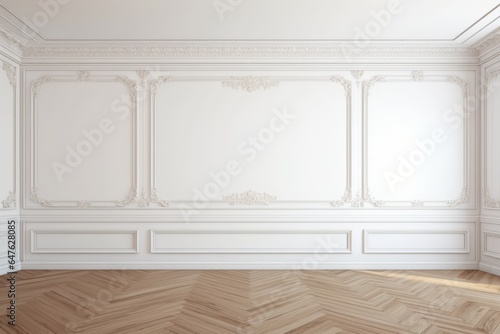 Stampa su tela A white wall adorned with classic-style mouldings and a wooden floor