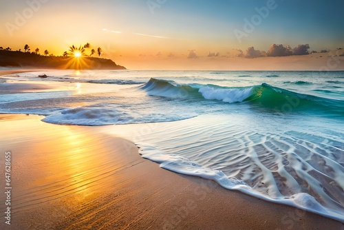 sunset at the beach with beautiful sea waves. AI-Generated