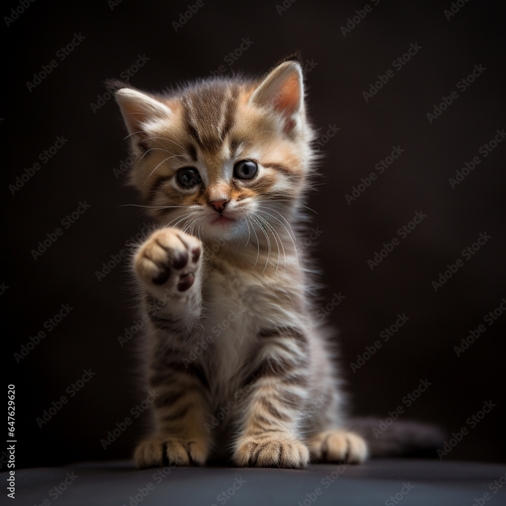 Fotografia de pequeño y adorable gatito saludando al levantar una patita