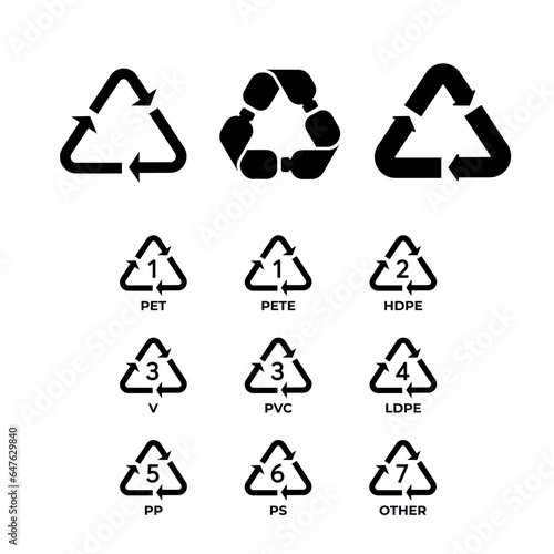 Set of plastic recycling symbols. PET, PETE, HDPE, PVC LDPE,PS...