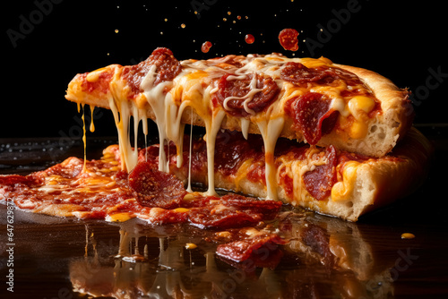 Pepperoni or buffalo pizza sliced with cheese dripping down with some bread crumbs. Pizza Dripping.