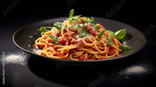 Explore the symphony of flavors in a classic spaghetti dish. The photograph showcases perfectly twirled spaghetti noodles coated in a robust marinara sauce, garnished with fresh herbs.