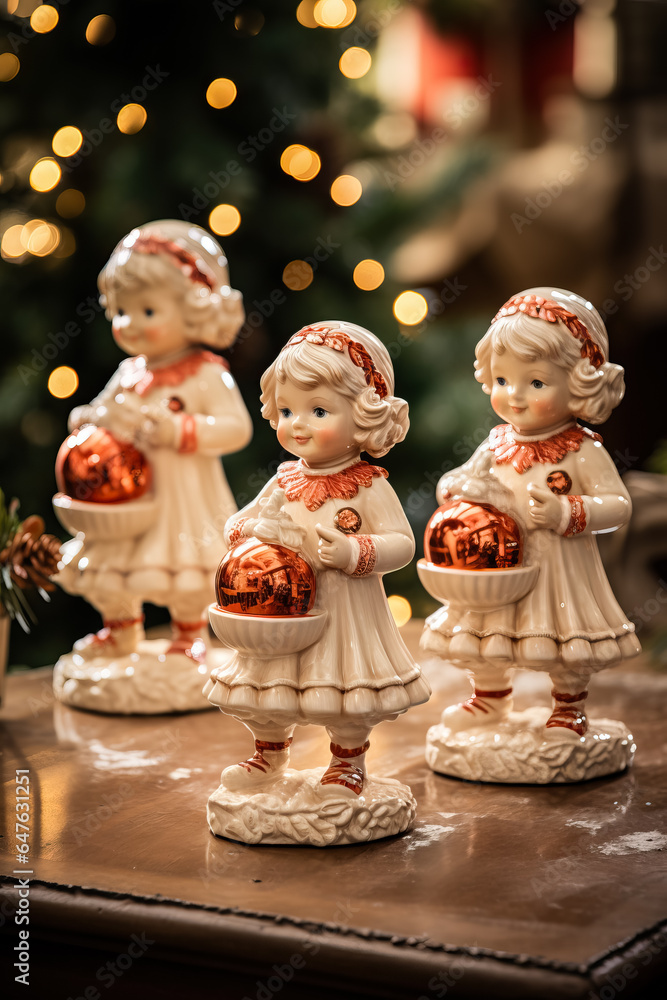 Fototapeta premium Charming ceramic figurines reflecting a classic vintage Christmas nestled amidst the festive decor 