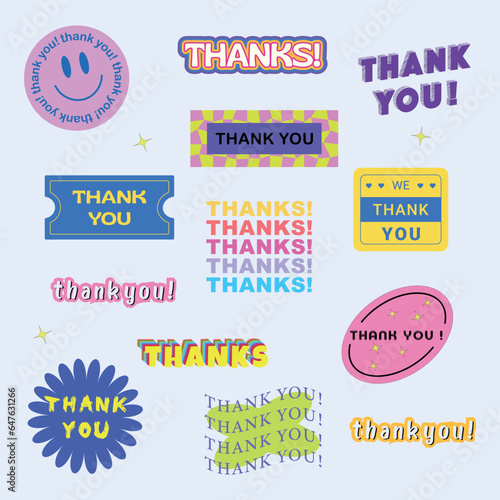 "Thank you" sticker set, abstract patch collection. Cool trendy hipster Happy Smile Happy sticker vector design.