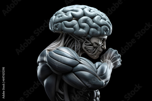 Strong human brain power concept erudite mind memory health. Gray matter neurons with developed inflated arms biceps muscles, personifies an intelligent scientist