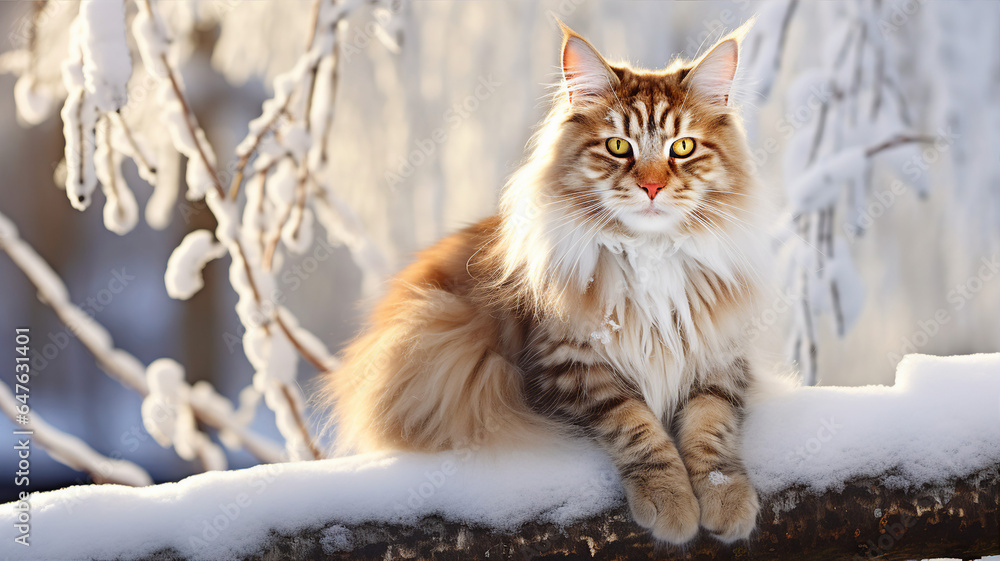 Maine Coon cat with majestic mane, perched on a snow - covered branch, amidst a winter landscape
