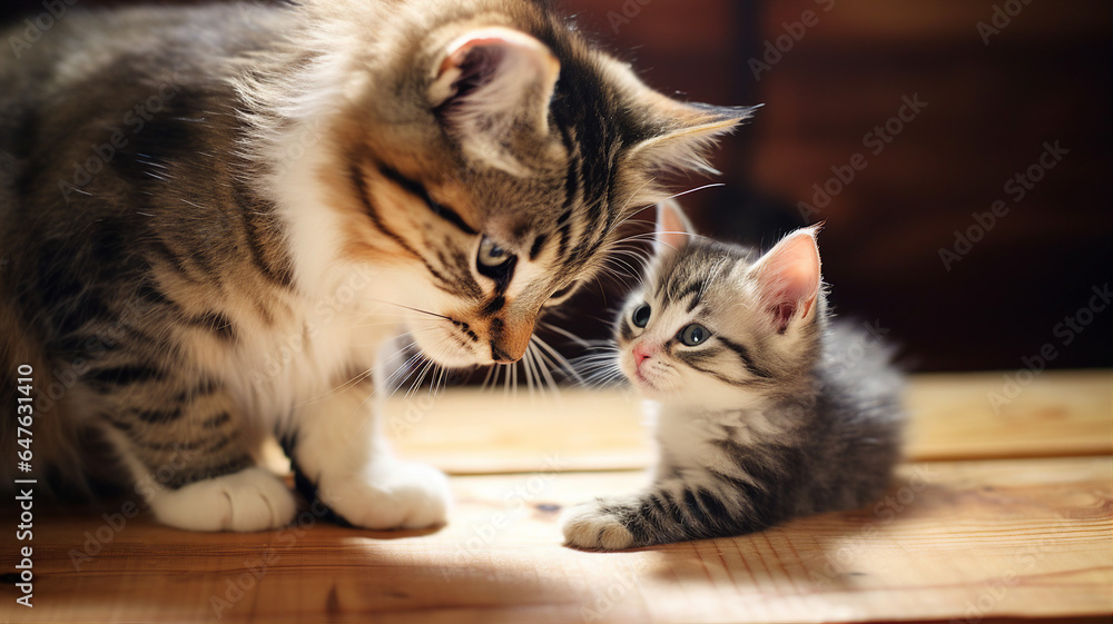 Mother cat grooming her playful kitten, both sitting on a rustic wooden floor Mother cat grooming her playful kitten, both sitting on a rustic wooden floor