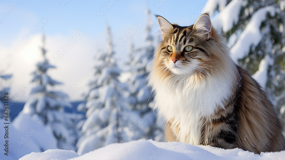 Norwegian Forest cat exploring a snowy landscape, its thick fur contrasting with the pristine white snow