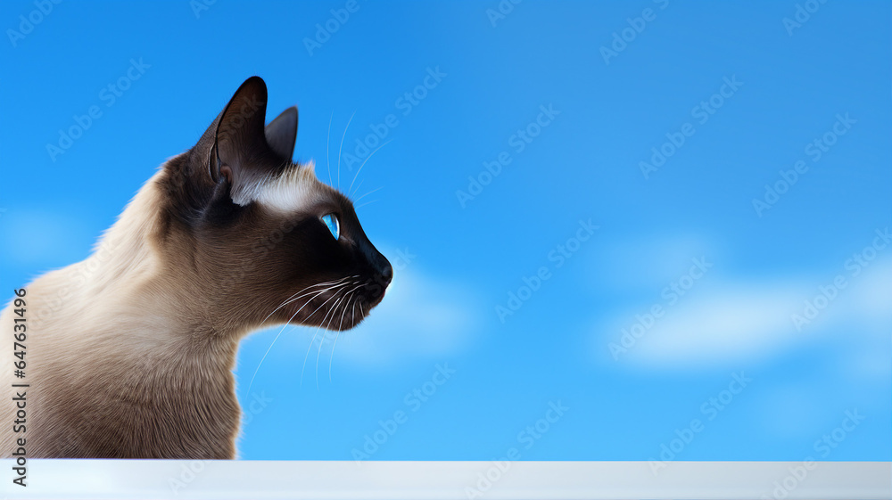 Sleek Siamese cat perched on a windowsill, watching birds fly by against a blue sky