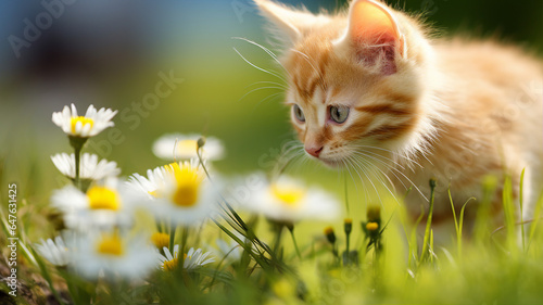Orange tabby kitten curiously sniffing a blooming daisy in a spring meadow