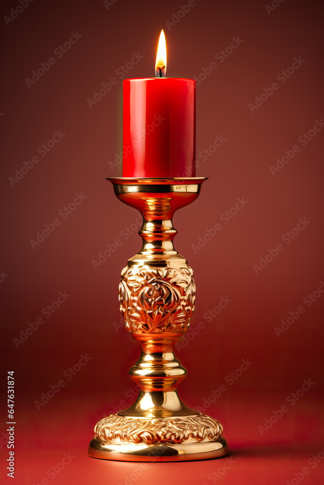 Golden mid-century candle holder with a glowing flame enhancing Christmas nostalgia isolated on a festive red gradient background Golden mid-century candle holder with a glowing flame enhancing Christmas nostalgia isolated on a festive red gradient background