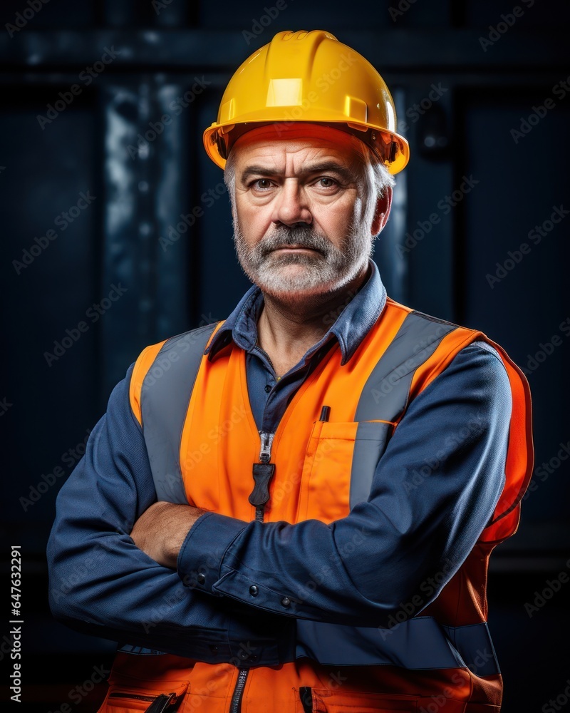Portrait of a senior constructor worker in a work helmet standing looking at the camera. Portrait of a senior constructor worker in a work helmet standing looking at the camera.