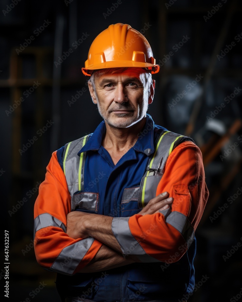 Portrait of a senior constructor worker in a work helmet standing looking at the camera. Portrait of a senior constructor worker in a work helmet standing looking at the camera.