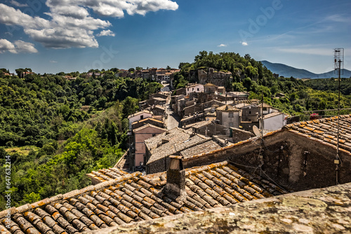 Town of Bomarzo, Viterbo, Italy. Travel street view of city architecture and details. Sunny warm pleasant day for a walk photo