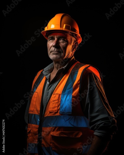 Portrait of a senior constructor worker in a work helmet standing looking at the camera.