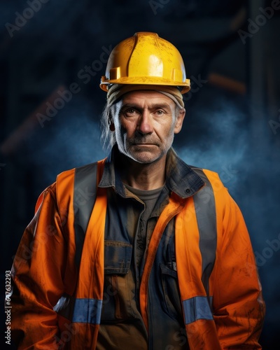 Portrait of a senior constructor worker in a work helmet standing looking at the camera.